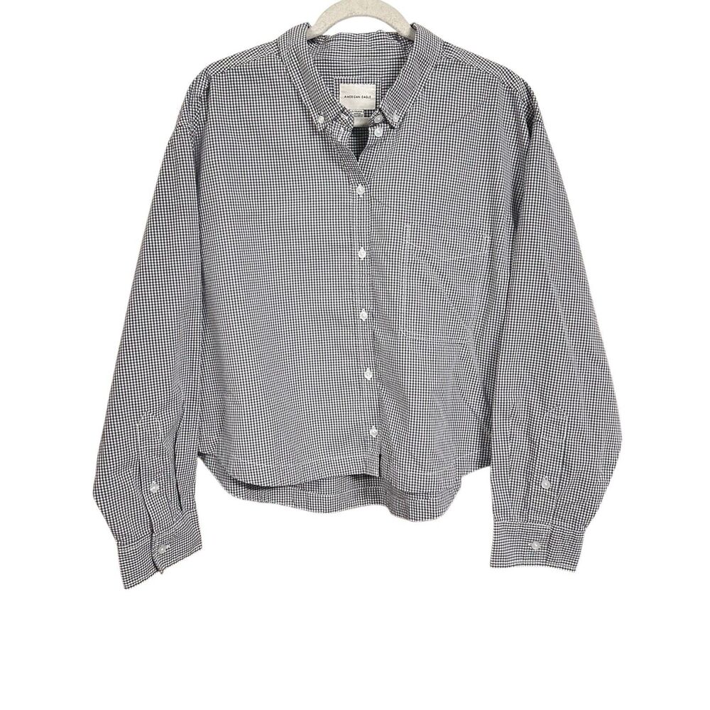 American Eagle Women’s Sz XL Plaid Button Up Shirt Cropped Long Sleeve Gray
